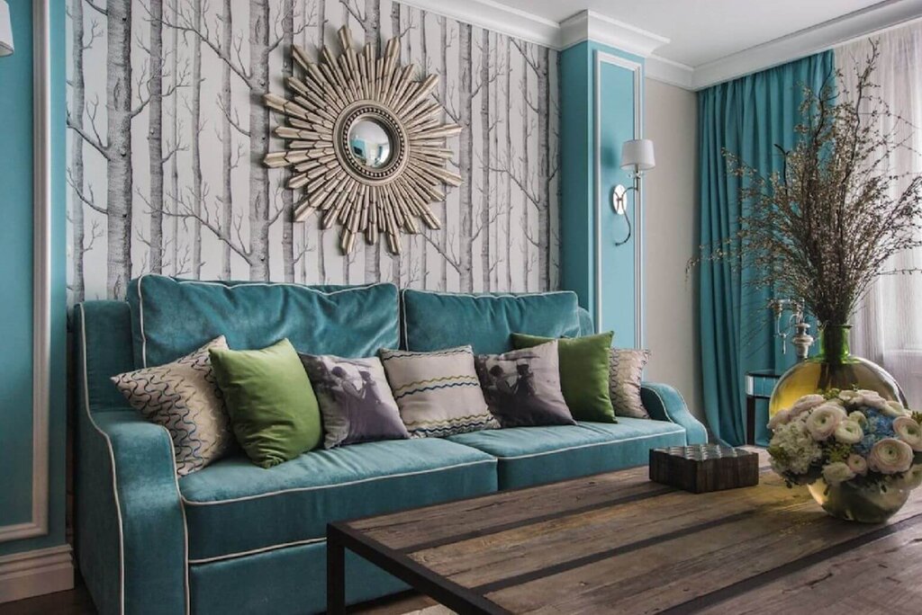 A blue-green sofa in the interior