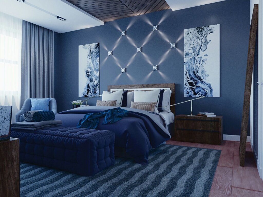 Blue wallpaper in the bedroom interior