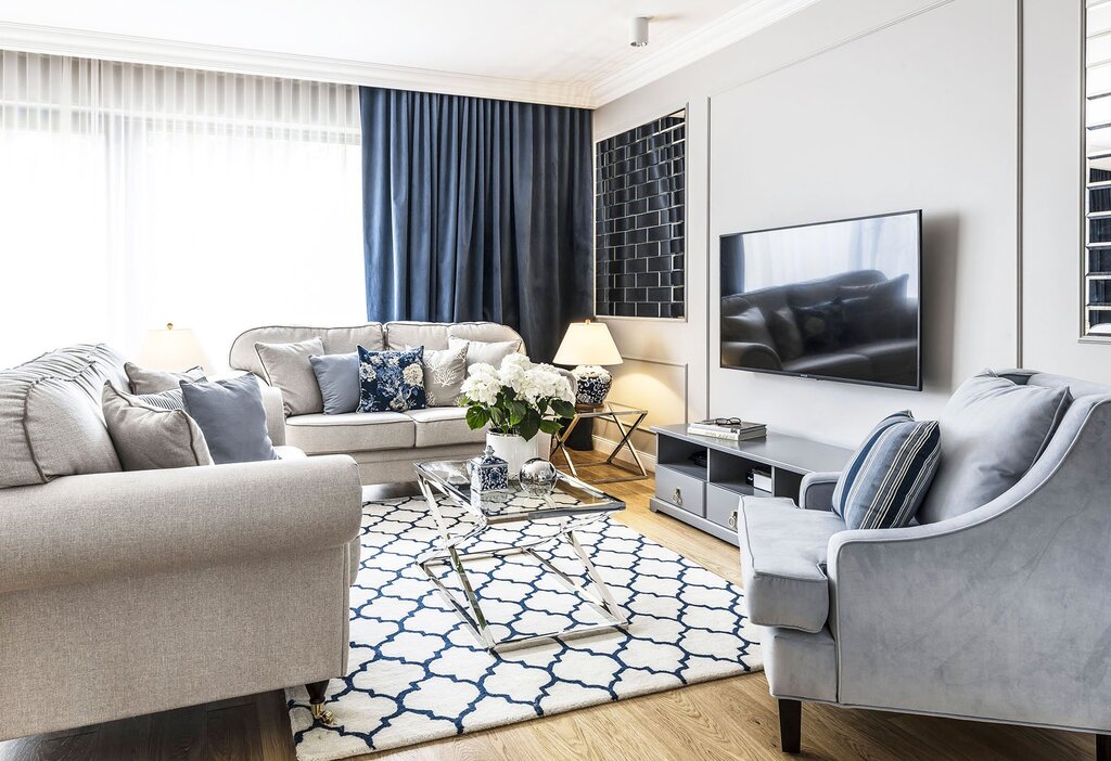 Blue curtains in a gray interior