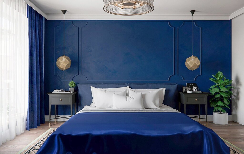 Blue walls in the bedroom interior 34 фото