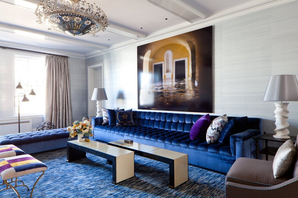 Blue velvet sofa in the interior