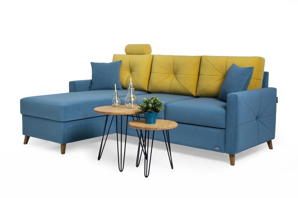 Blue sofa with yellow pillows