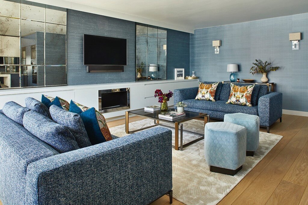 Blue sofa in a beige interior