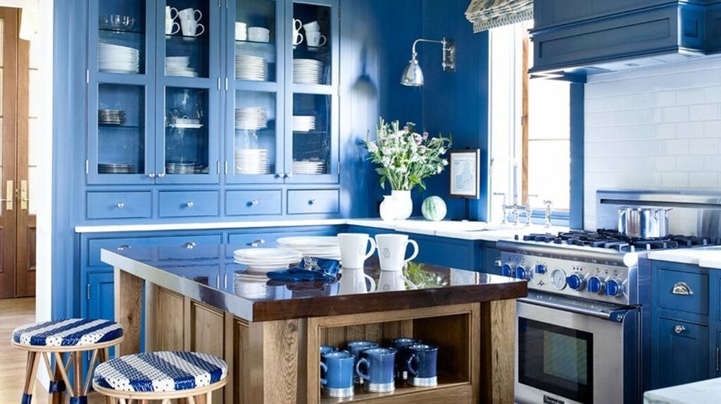 Blue color in the kitchen interior 23 фото