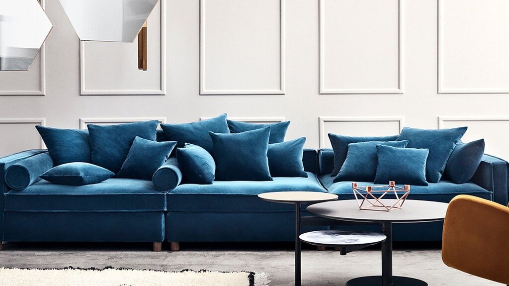 Blue corner sofa in the interior 40 фото