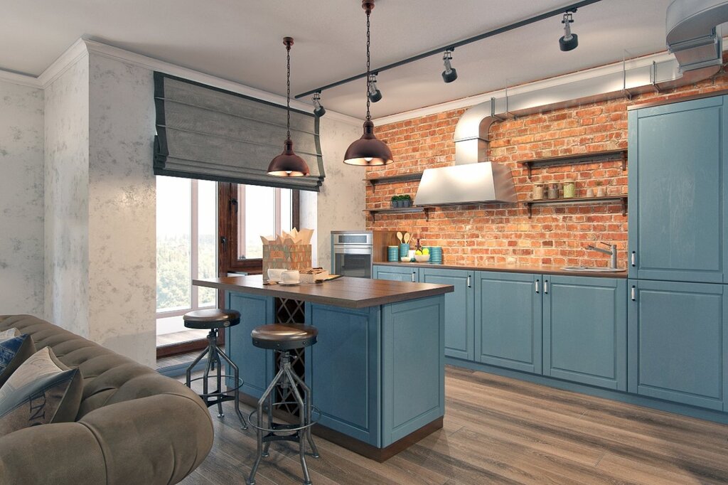 Blue loft kitchen