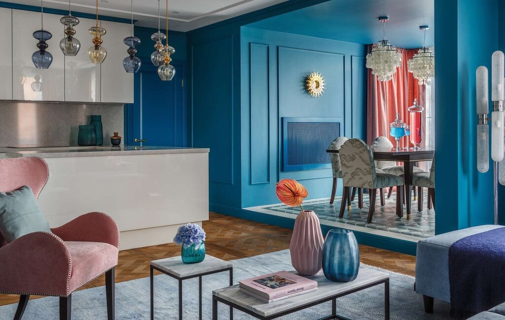 Blue furniture in the living room interior