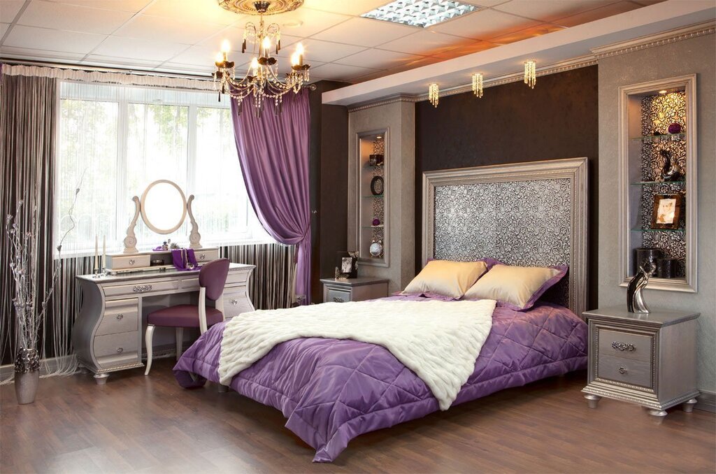 A lilac bed in the bedroom interior