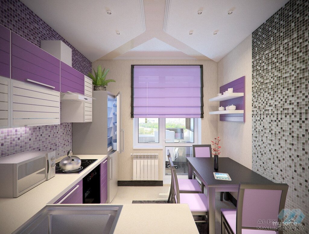 The lilac color of the kitchen walls