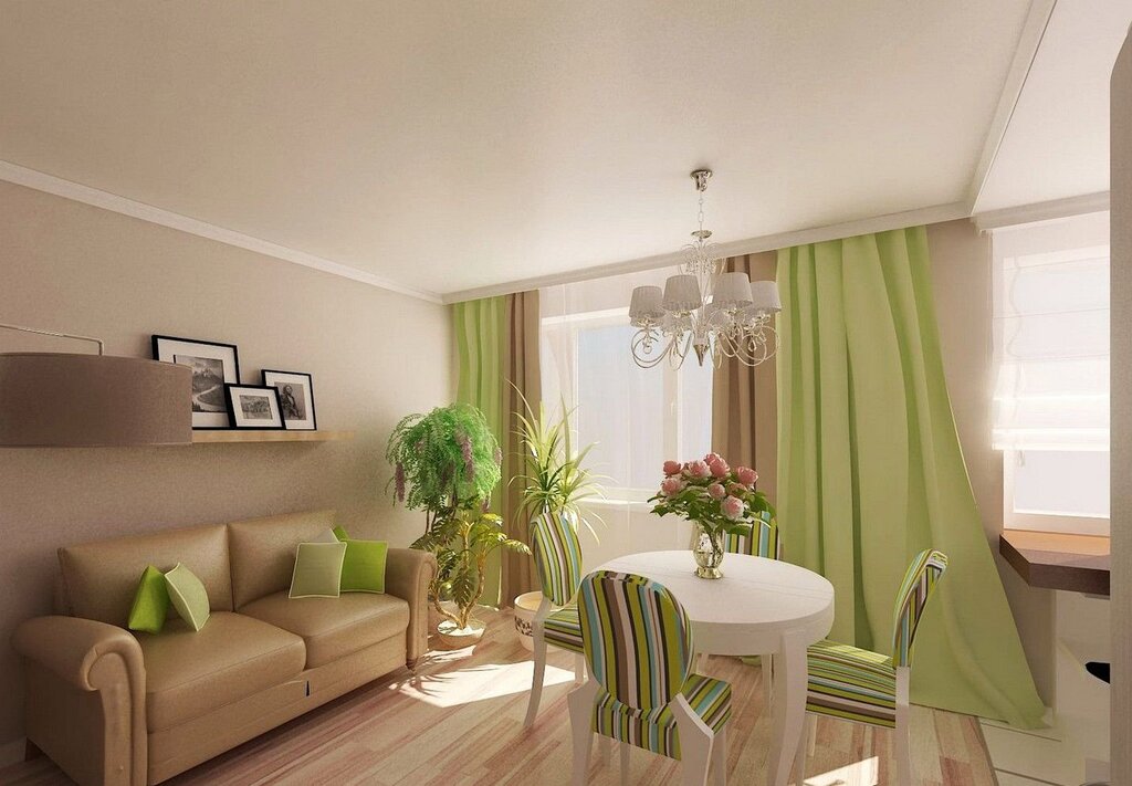 The combination of beige and green in the interior