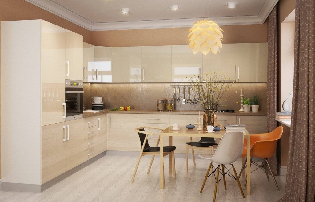 The combination of beige color in the kitchen interior