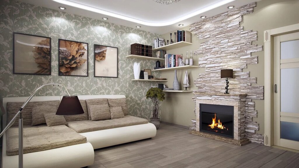 Combination of decorative stone and wallpaper