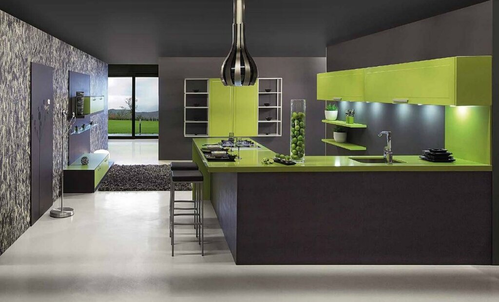 The combination of graphite color in the kitchen interior