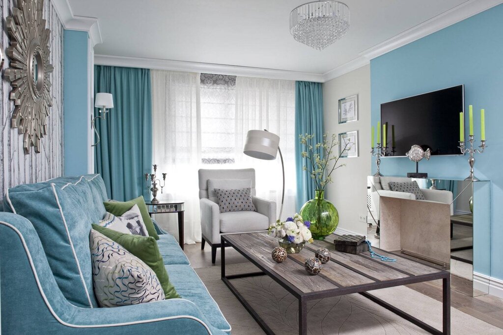 The combination of gray and turquoise in the interior