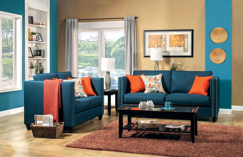 Combination of blue and orange in the interior