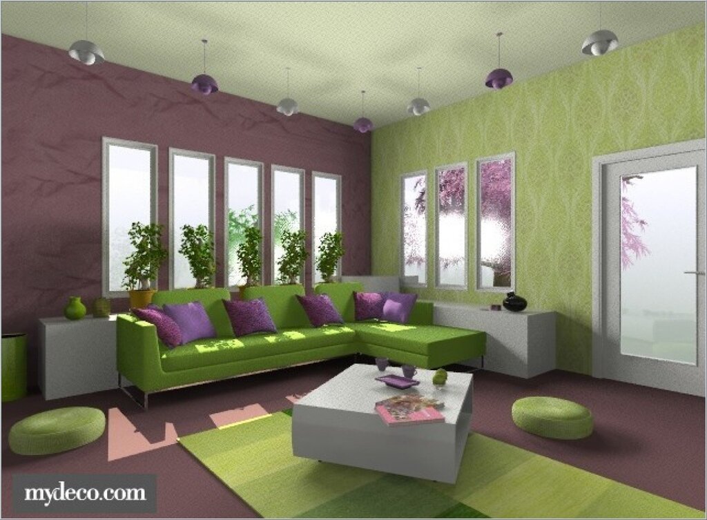 The combination of lilac and green in the interior