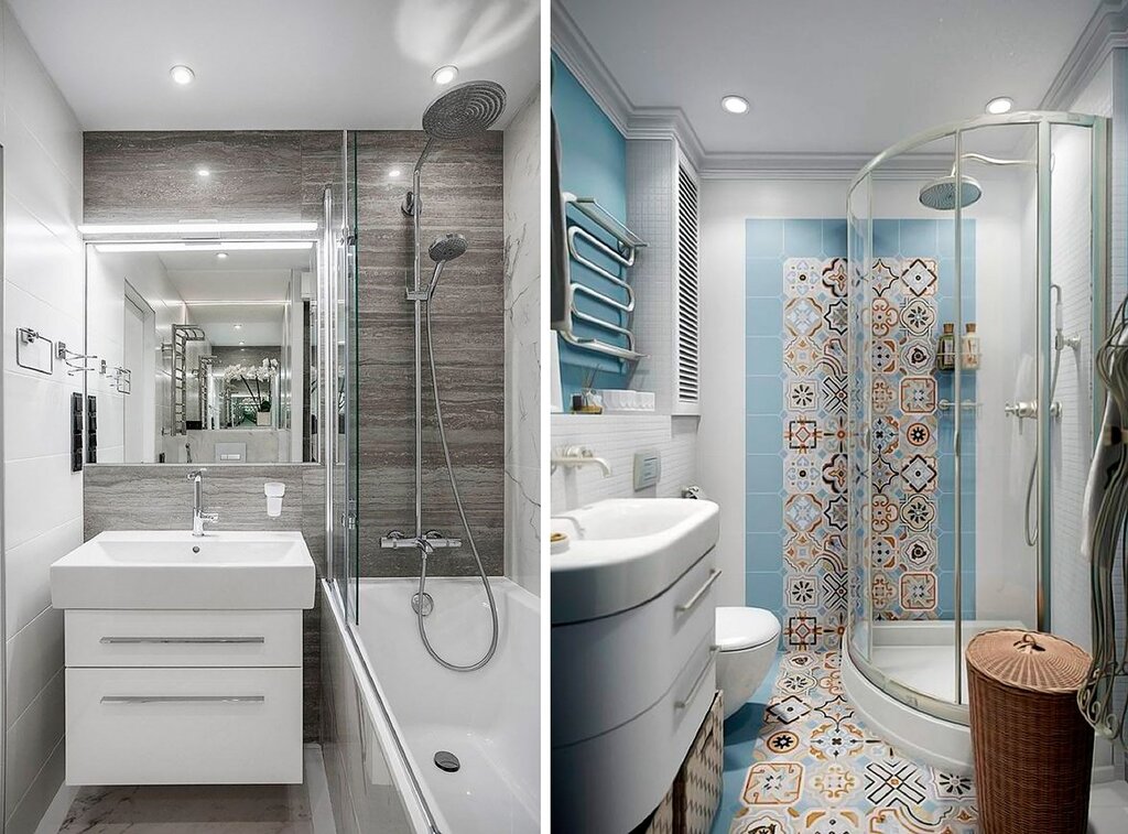 Combined bathroom with a shower corner