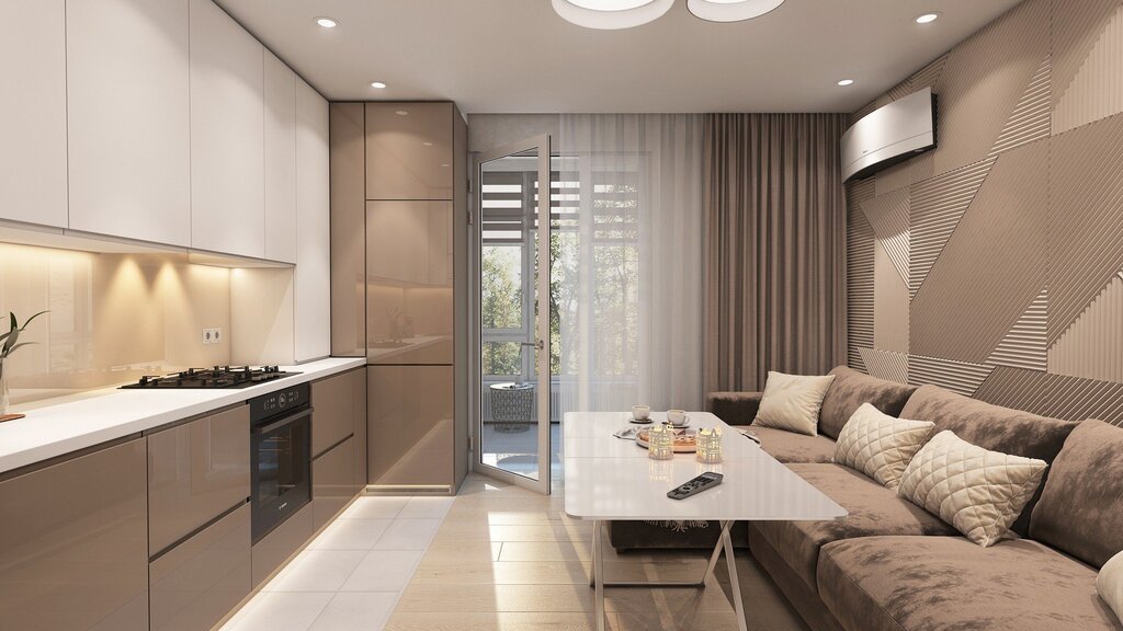 Modern kitchen interior with a sofa