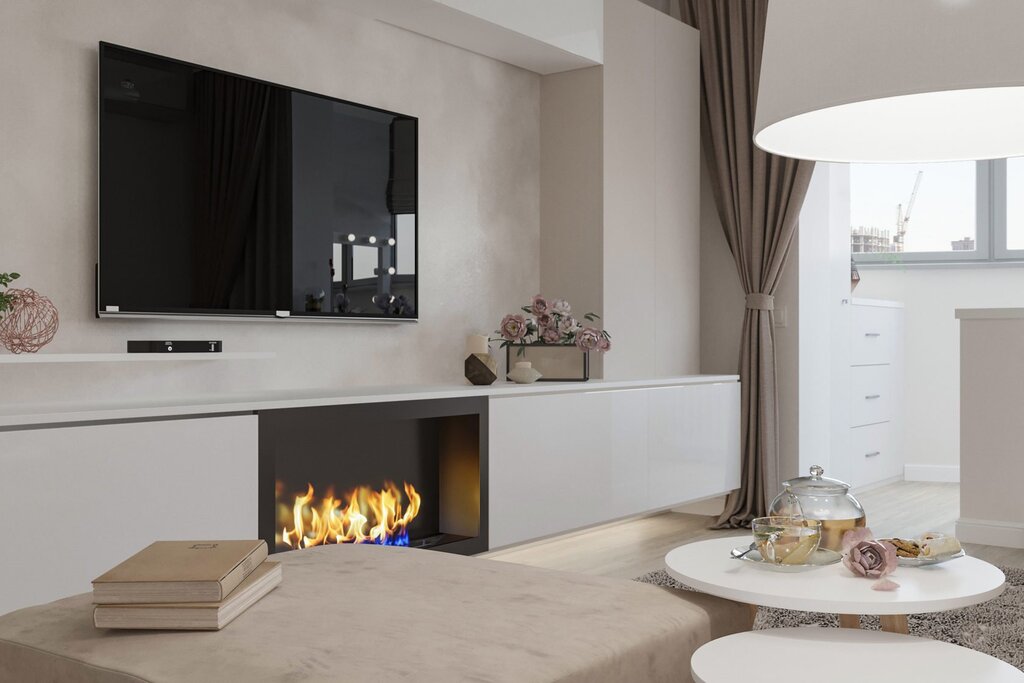 A modern fireplace in the living room interior