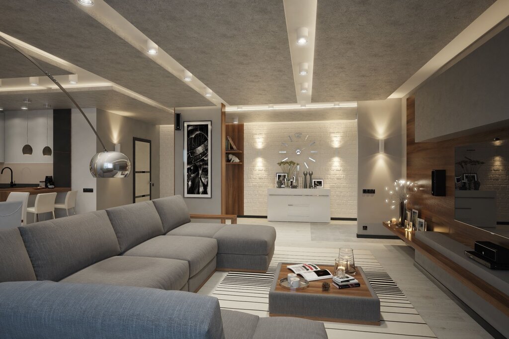 Modern lighting in the living room interior