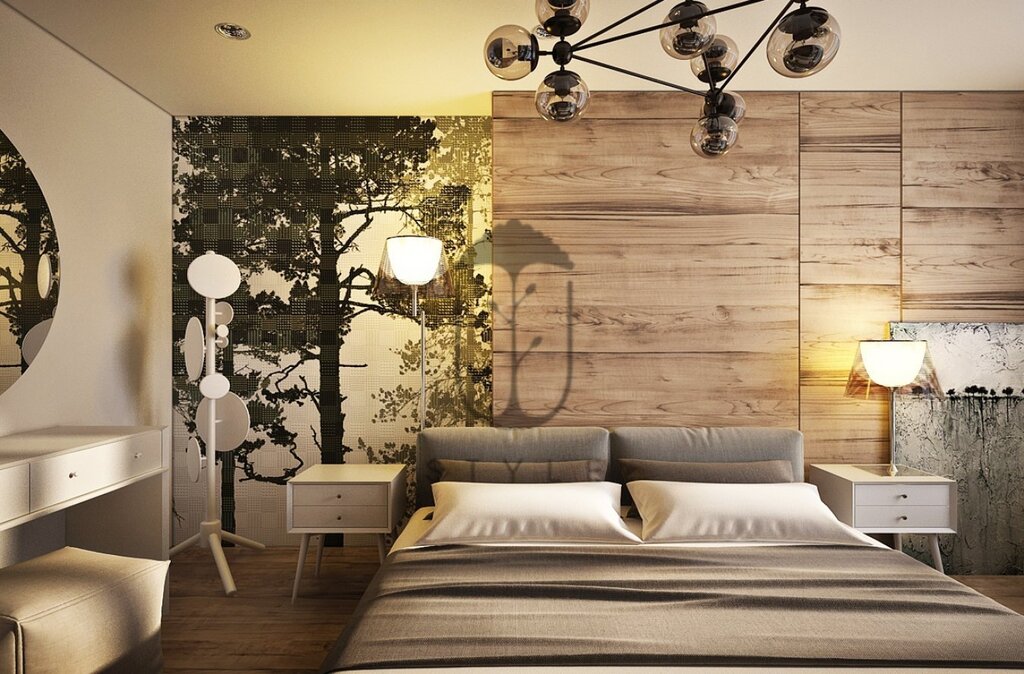 The bedroom is white with wood