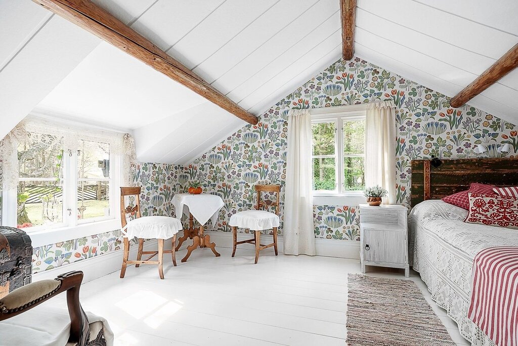 A bedroom in a Scandinavian style at the dacha