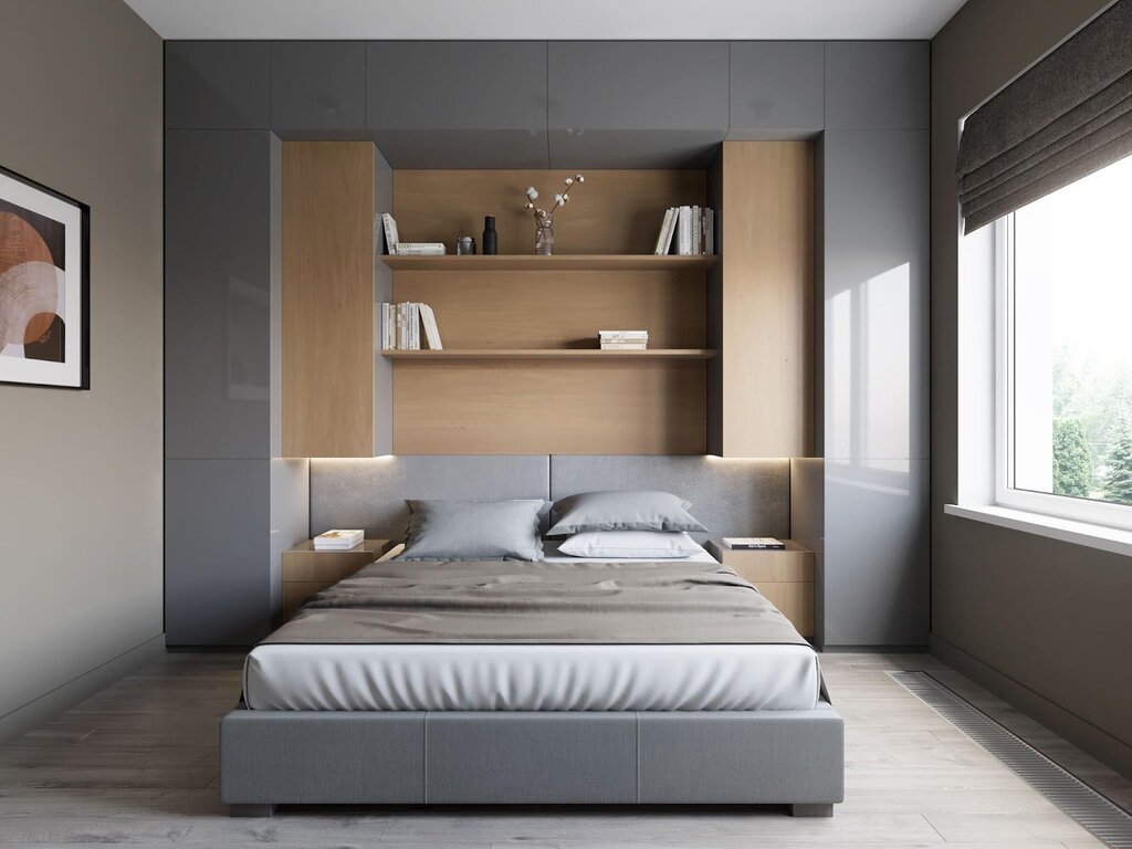 A bedroom with two wardrobes