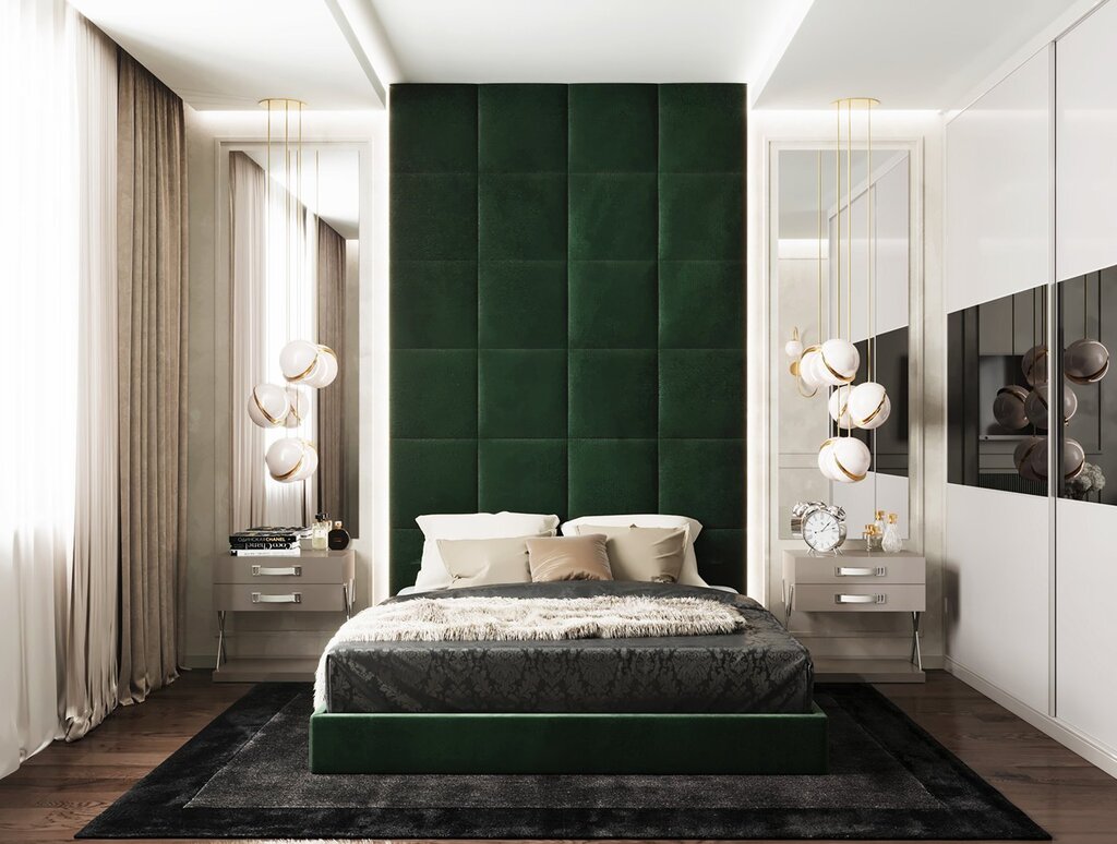 Bedroom with an emerald bed