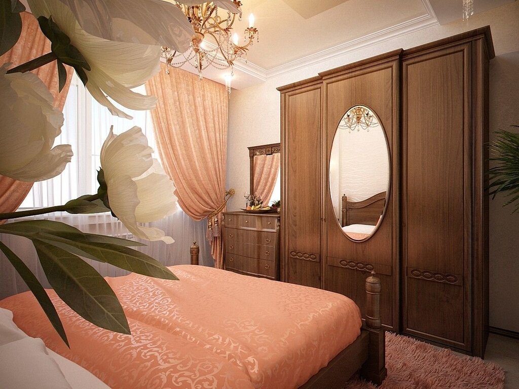 Bedroom with a brown wardrobe