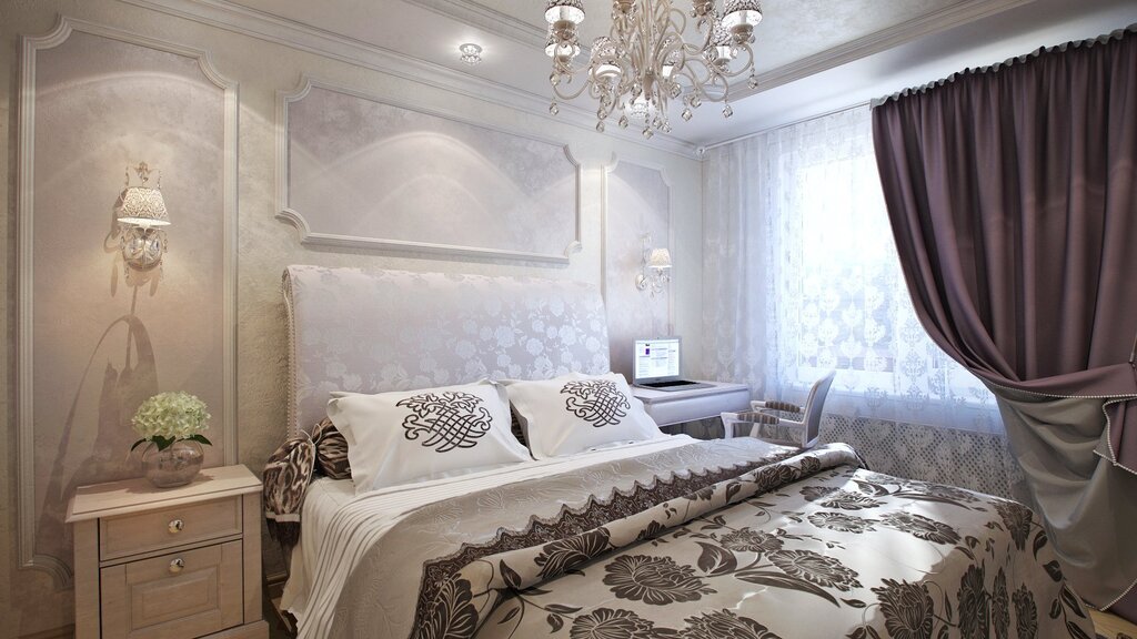 A bedroom with moldings on the walls