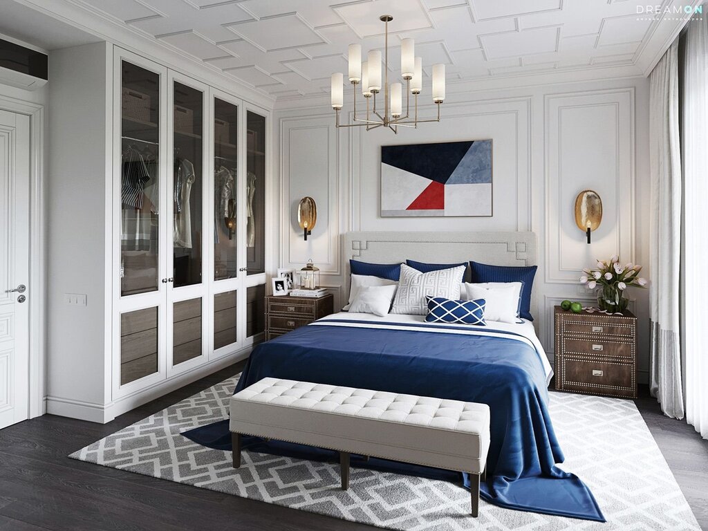 Bedroom with a blue bed