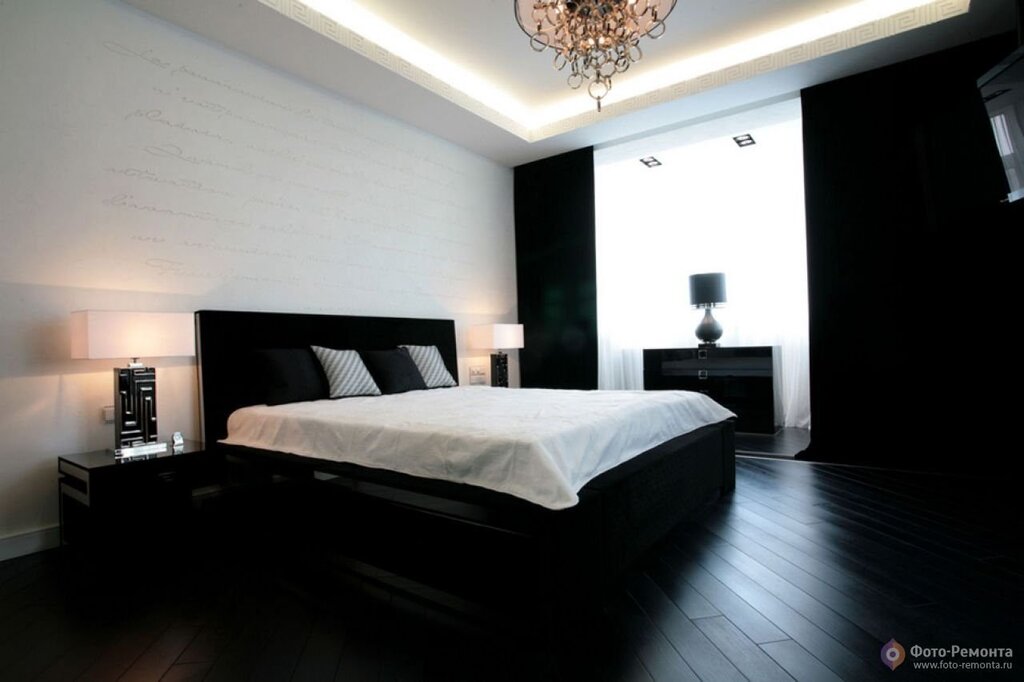 Bedroom with a dark floor