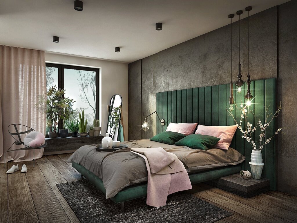 Bedroom with a green bed