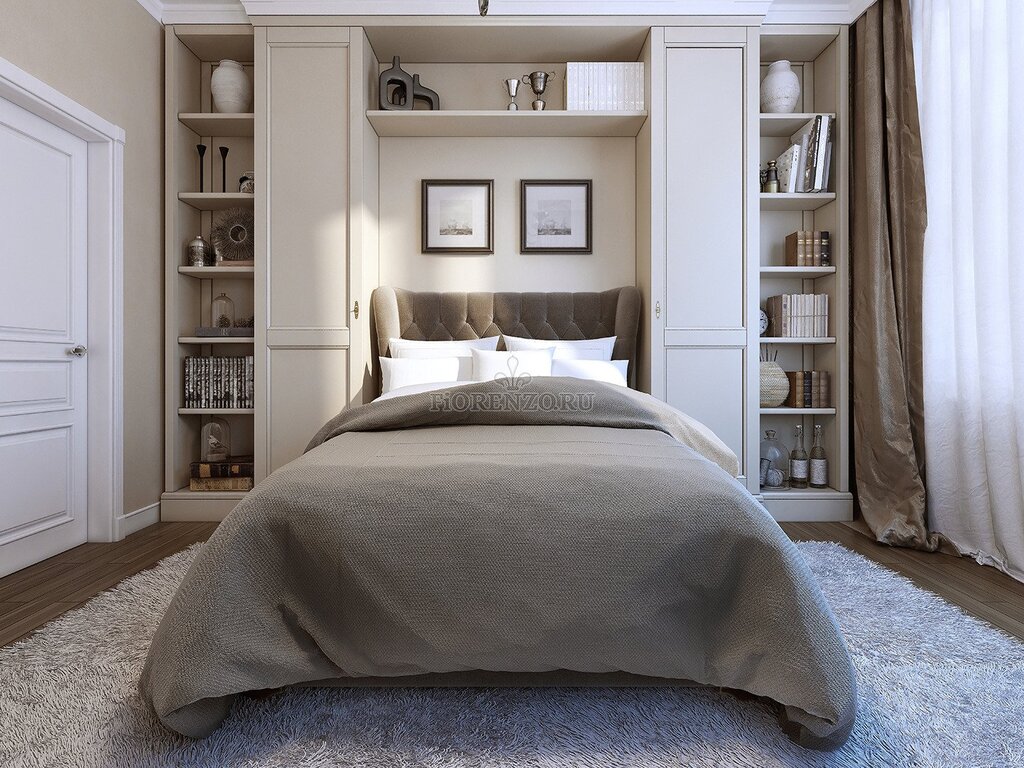 A bedroom with wardrobes on the sides of the bed