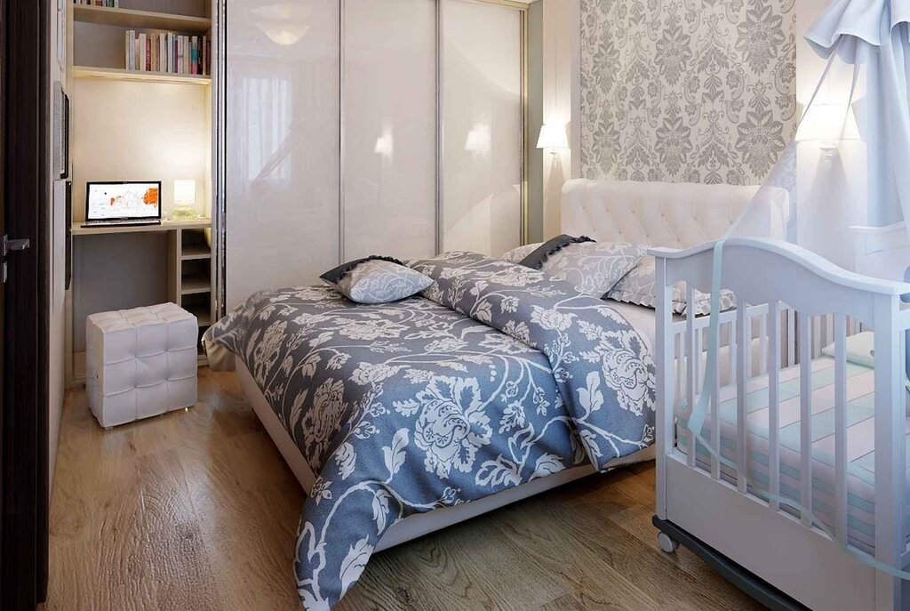 A bedroom combined with a nursery 18 фото