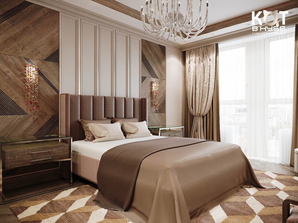 A bedroom in beige and brown tones