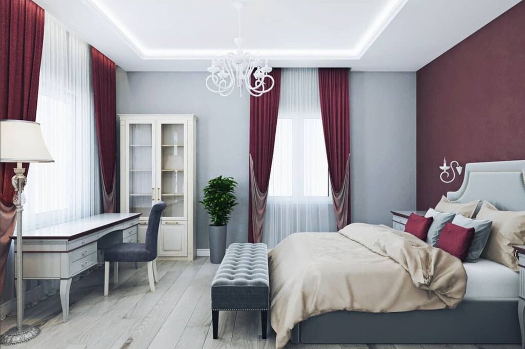 Bedroom in burgundy and gray tones