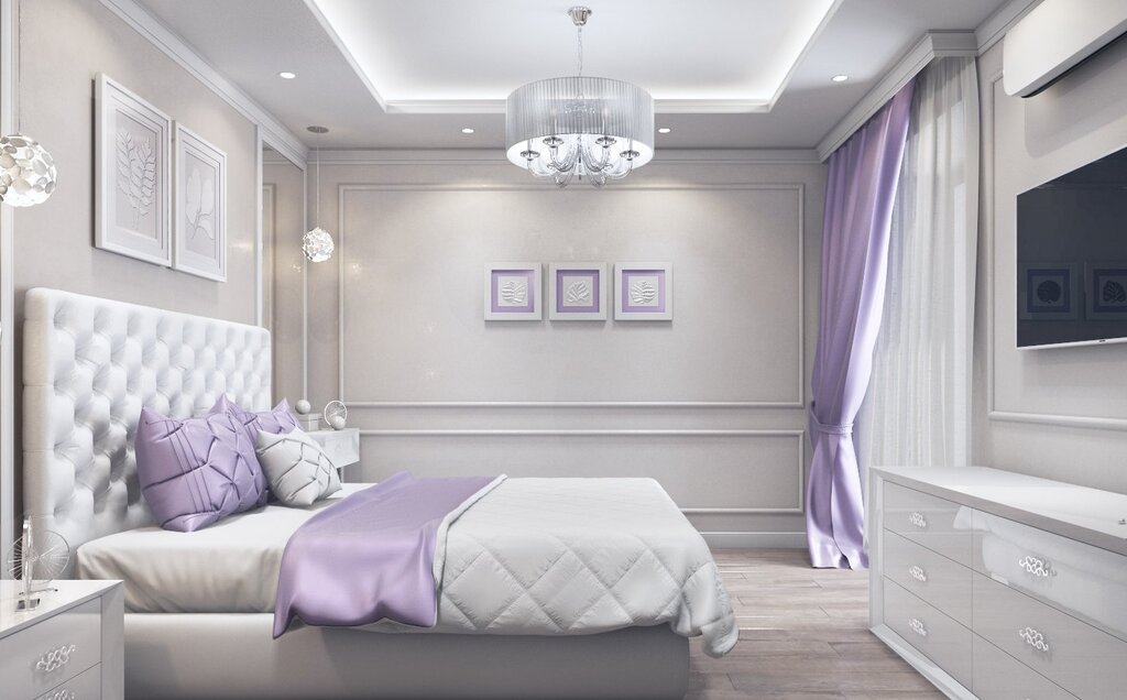 A bedroom in lavender tones