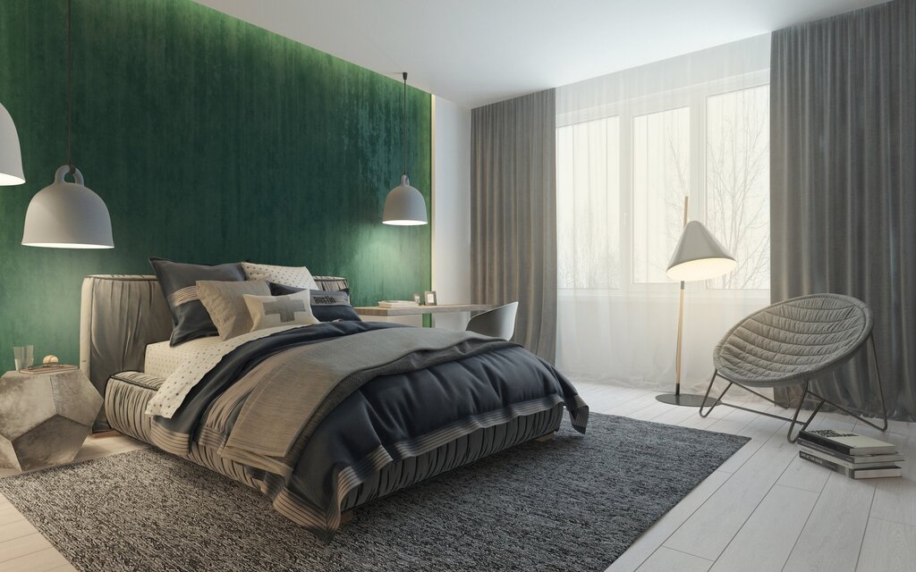 A bedroom in gray-green color