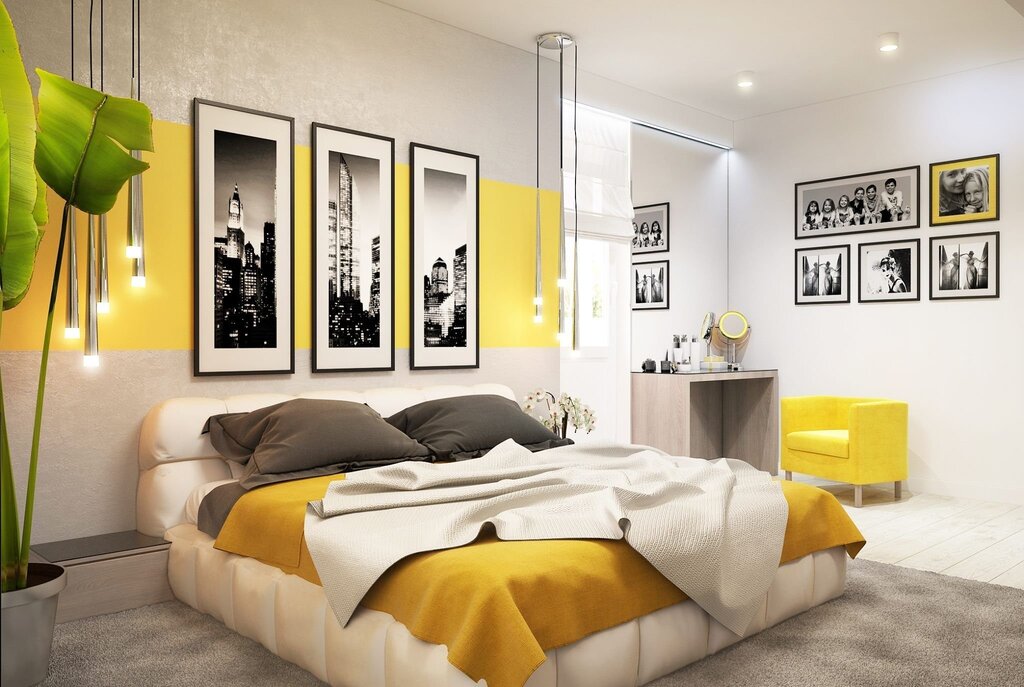 The bedroom in gray and yellow tones