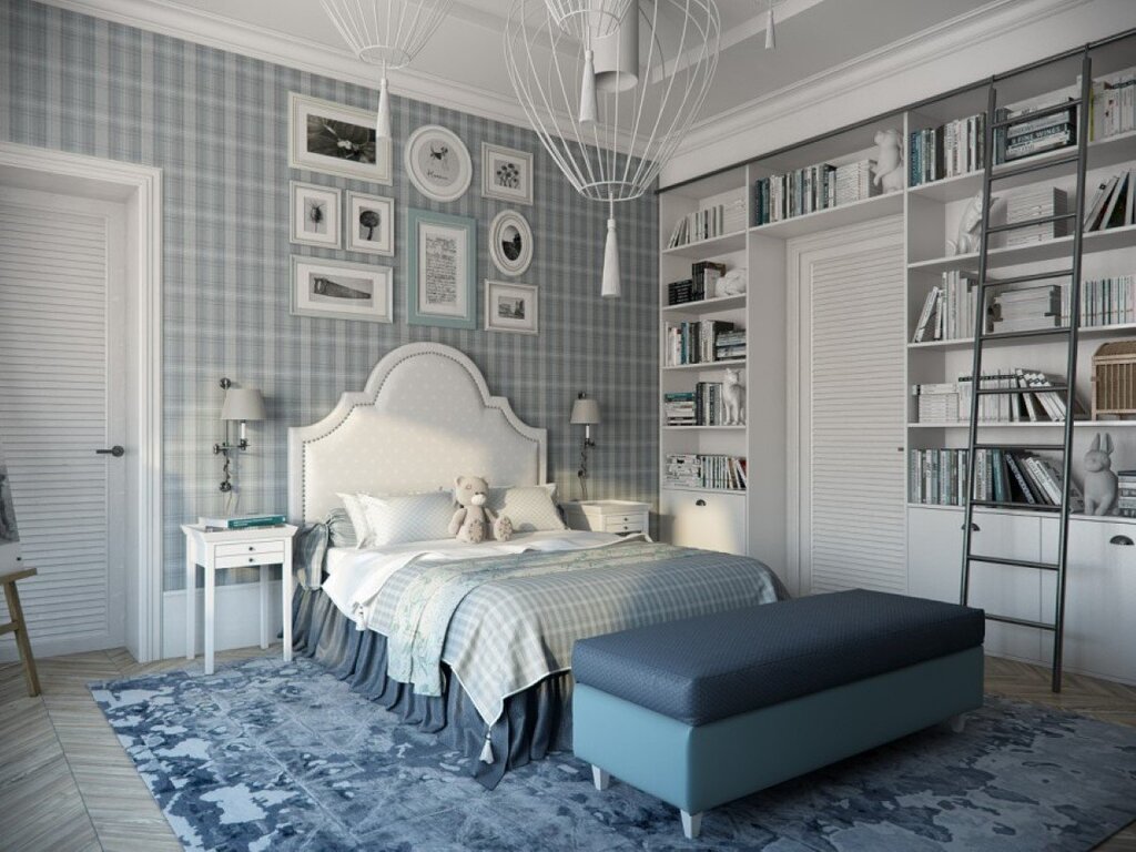 A bedroom in blue and gray tones