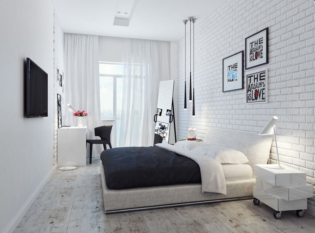 Loft-style bedroom with white brick