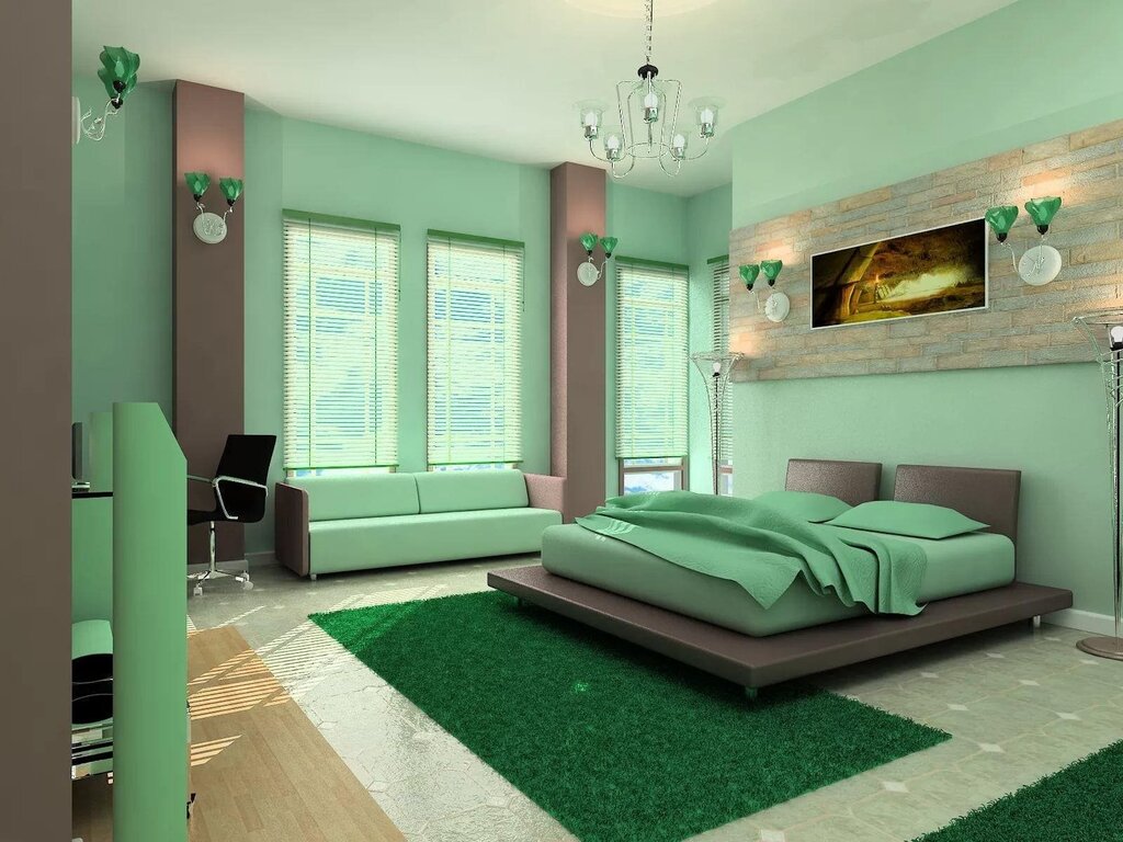 A bedroom in light green tones