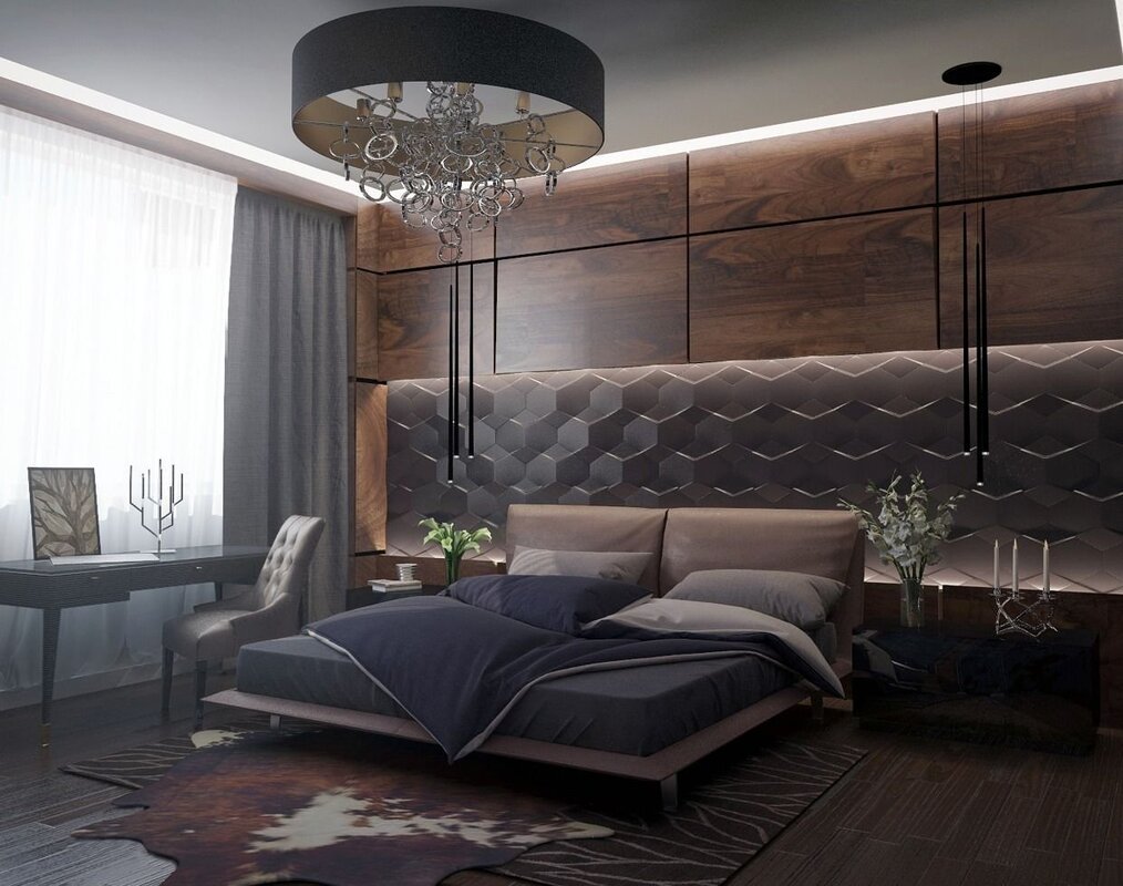 A bedroom in dark tones