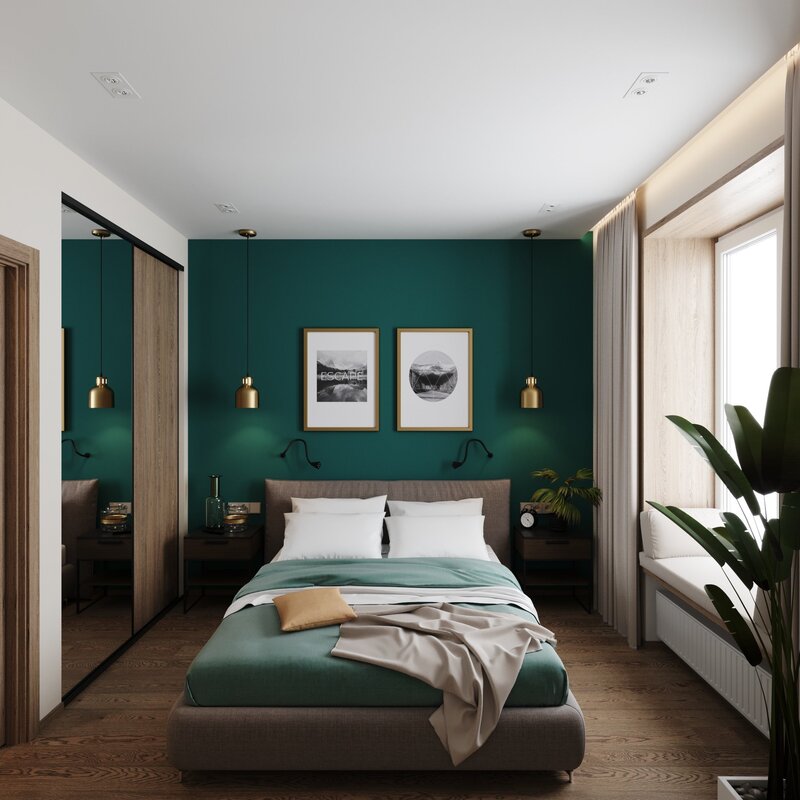 The bedroom is in dark green tones