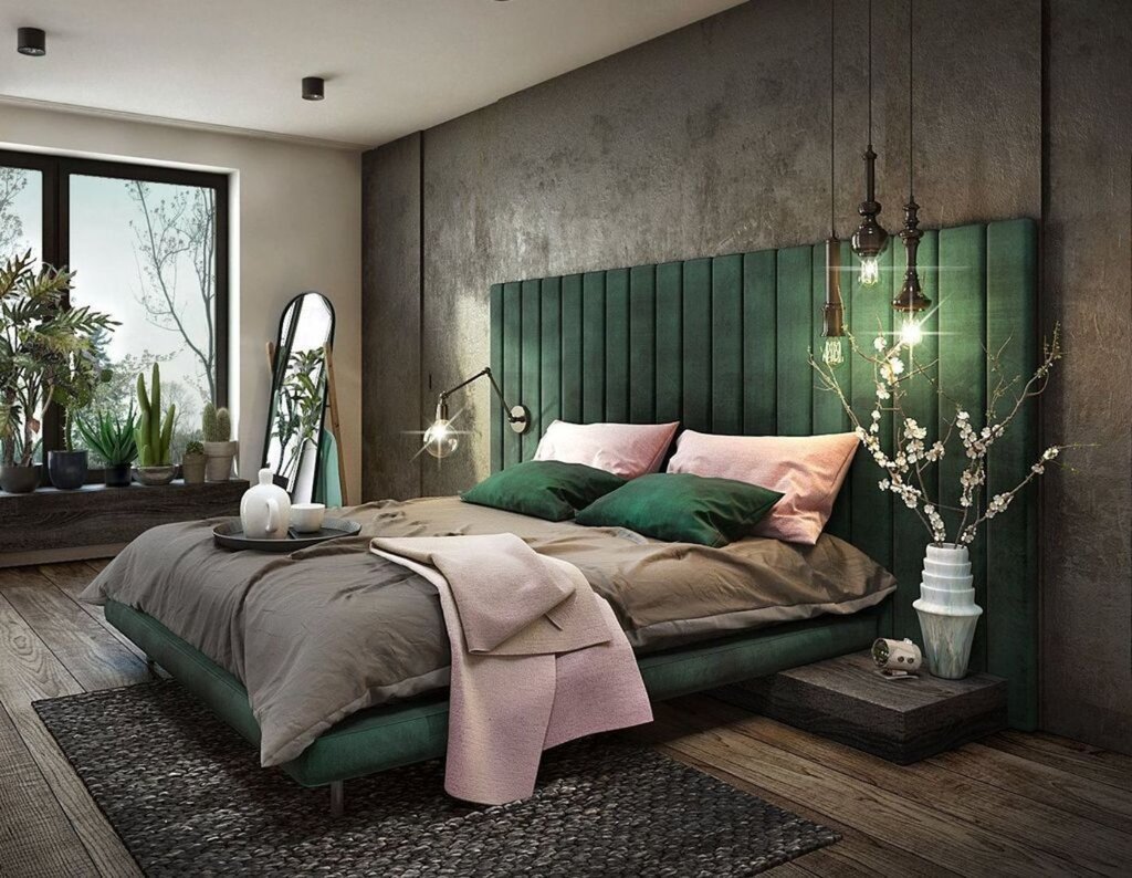 A bedroom in green tones