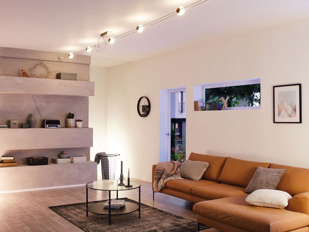 Ceiling spotlights in the living room interior