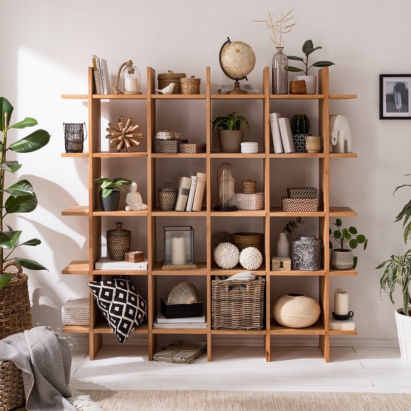 A shelving unit made of solid wood