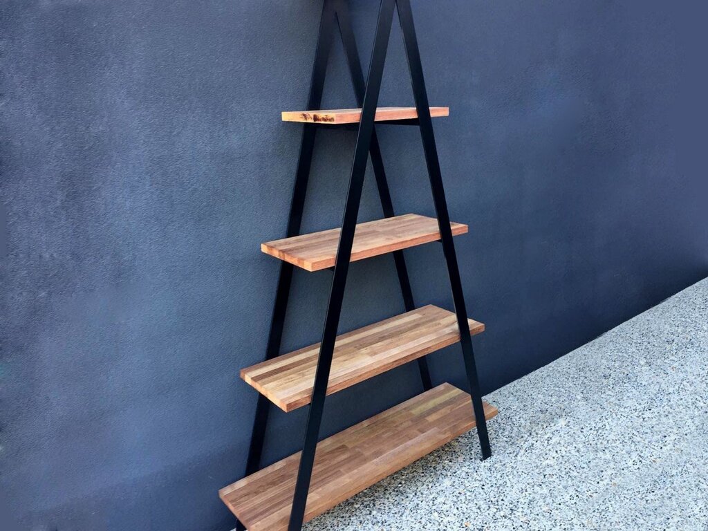 Metal shelving unit with wooden shelves