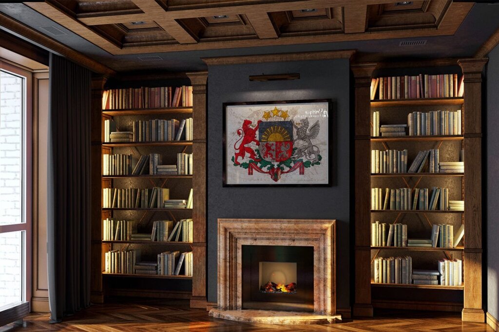 A shelving unit with a fireplace